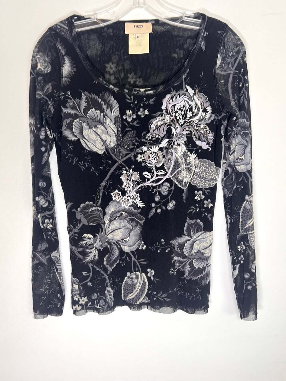 Vtg 90s Fuzzi Italy Floral Sequin Mesh Long Sleeve Top Y2K Sz M
